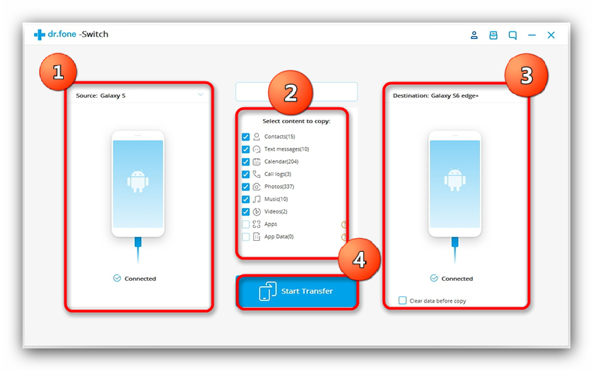 Описание рабочего экрана и алгоритм процедуры переноса в dr.fone Switch